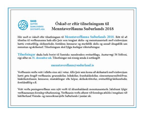Óskað er eftir tilnefningum til að Menntaverðlauna Suðurlands 2018