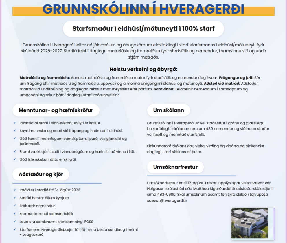 Laust starf í eldhúsi/mötuneyti Grunnskólans í Hveragerði