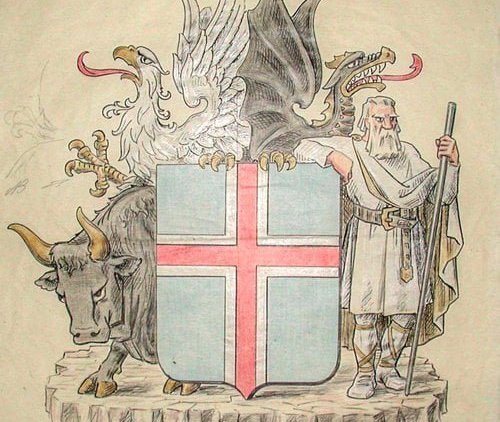 Mynd tekin af ferlir.is sem sýnir teikningu Tryggva Magnússonar af skjaldamerki Íslands.