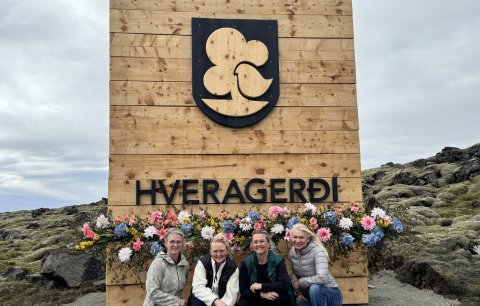 Blómlegt skilti við bæjarmörkin